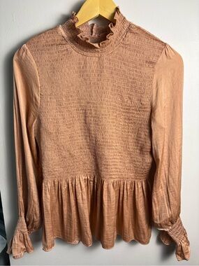 Vici Light Brown Smocked Ruffle Neck Peplum Satin Blouse Medium